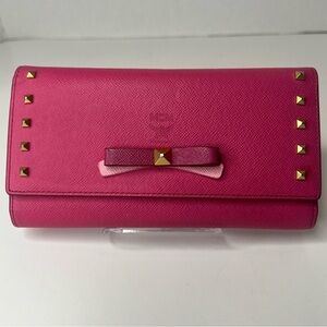 🩷MCM Pink/Gold Studded Bow Long/Continental Zip Around Wallet | PRELOVED!! EUC!